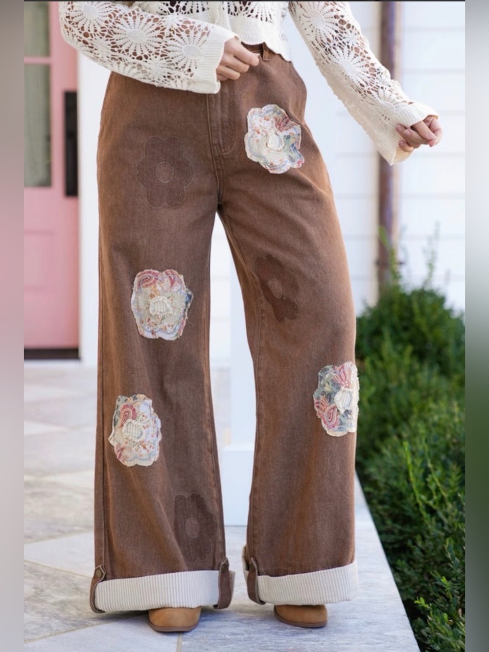 POL Boho Choco Wide-Leg Floral Patch Pants - Picture 2 of 4